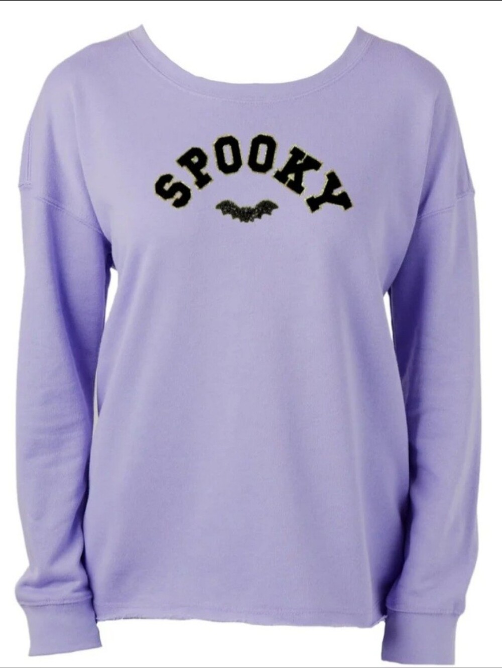 "Spooky Sequin Bat" Letter Patch Raw Edge Crew, Size Medium